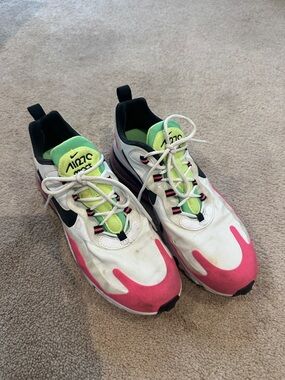 Nike womens Air 270 React Sneakers in White, Pink, Neon Green